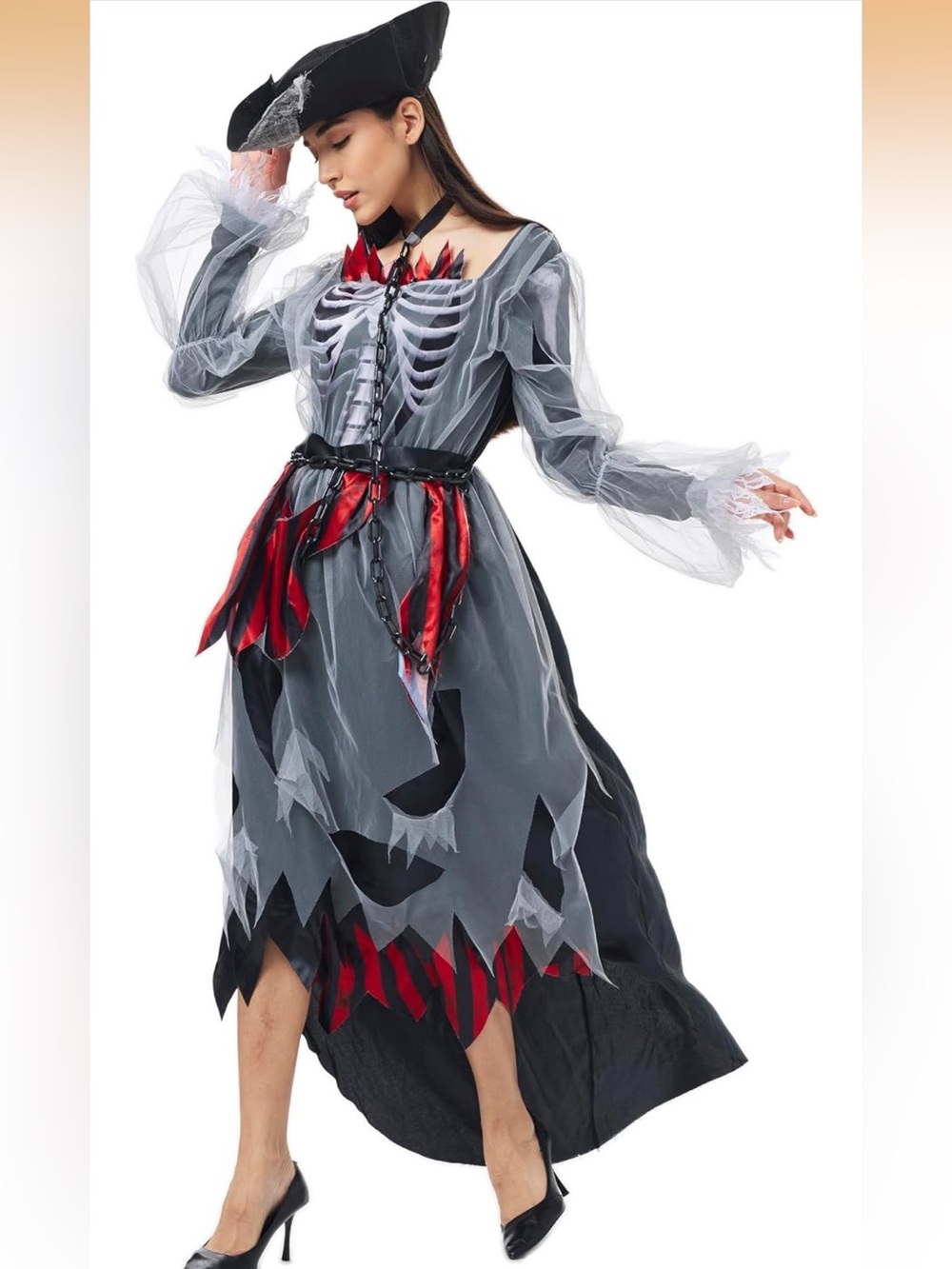 3PCS Ghost Pirate Costume Women Skeleton Dead Captain Outfit Skeleton Dress, Hat